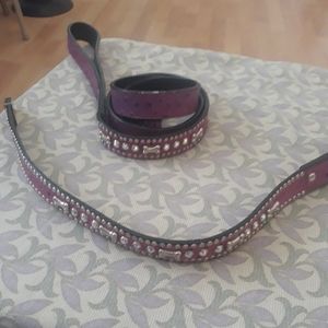 Austrian crystal purple leather dog collar & leash